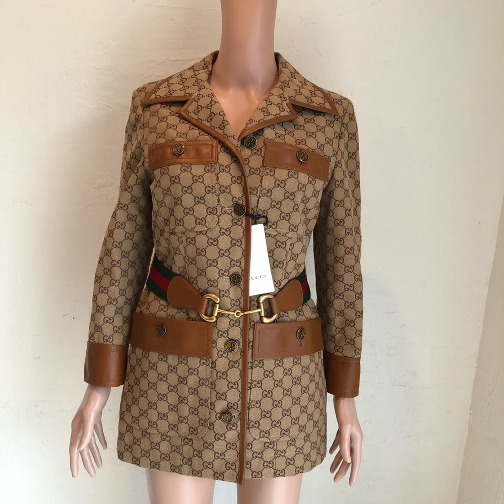 Gucci ARIA Canvas Web Belt Ebony/Tan GG Monogram Jacket Women’s Size 40(M)